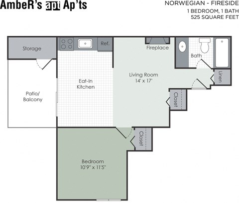 Floor plan for 1 bed, 1 bath, 525 sqft
